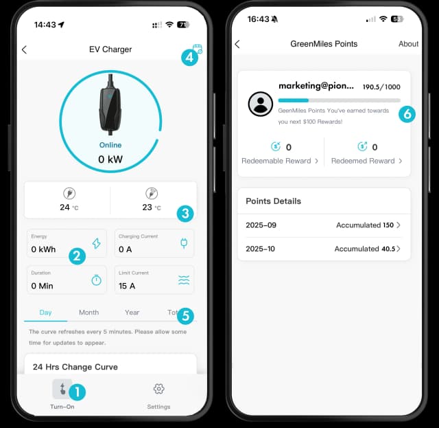 Pion Power Flex-AC EV charger app with remote control, simplified management, 30-day tracking, real-time monitoring, alerts, and scheduling.